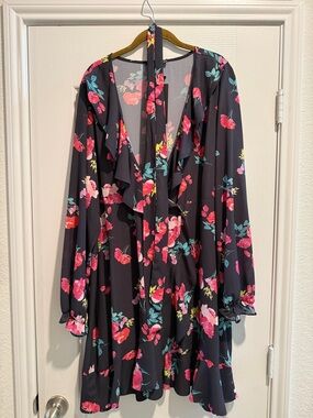 Boohoo Black Midi Dress with Pink & Teal Floral Print